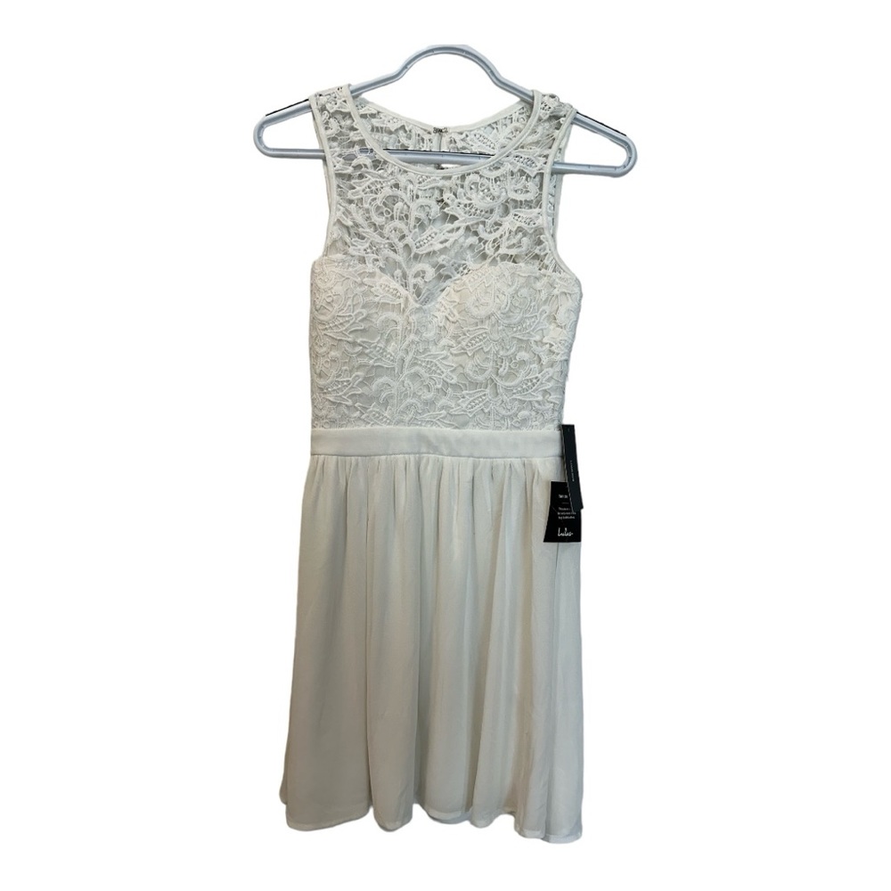 Lulus Truth and Fiction Ivory High Neck Sleeveless Lace Skater Dress SZ …